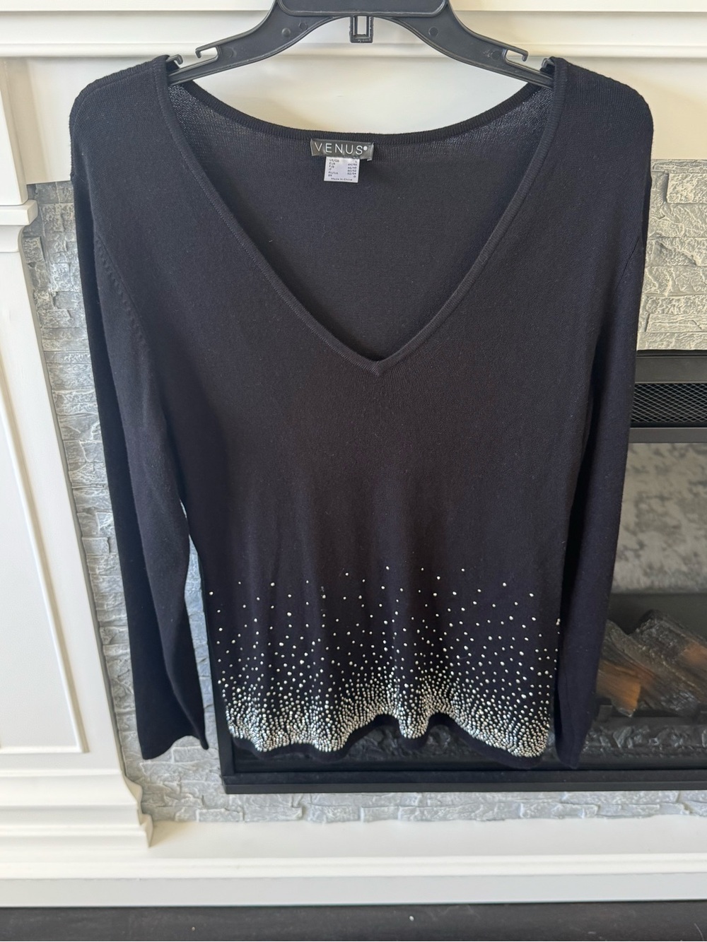 VENUS Black V-Neck Sweater Top Long Sleeve  sparkling rhinestone ombré hem